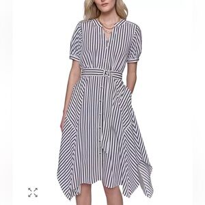 KARL LAGERFELD PARIS Midi Shirt Dress Black White Striped Belt Short Sleeve 6